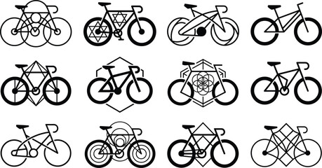 Naklejka premium Minimalist geometric bicycle logo icons collection vector illustration featuring abstract linear cycle shapes with sacred geometry symbols isolated on white background