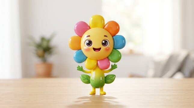 A colorful toy flower with a smiling face, standing on a wooden table in a bright, well-lit room with a white couch and a potted plant in the background.