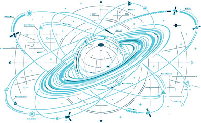 Abstract futuristic global technology network vector illustration with planet saturn rings satellites orbital lines and data interface elements isolated on white background © mst