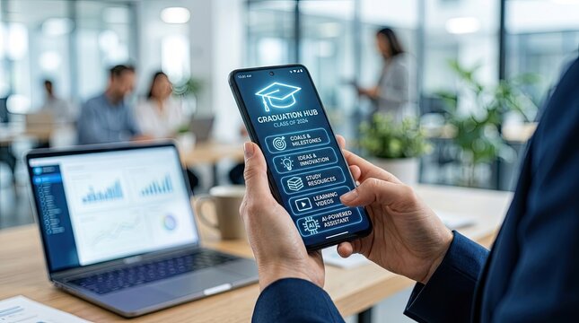 Graduation hub app on smartphone in modern office setting