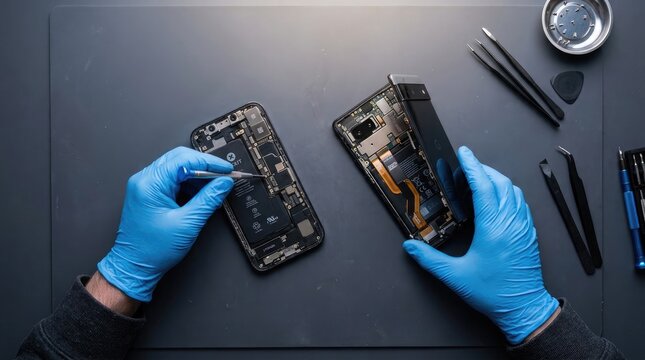 Smartphone repair technician disassembling iphone and google pixel devices