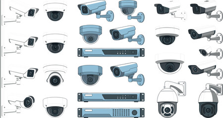 Professional CCTV Security Camera System Vector Set with Dome Bullet PTZ and DVR Recorder for Complete Surveillance Solutions © MDEsmayil