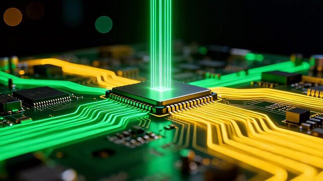 Circuit board with glowing green light