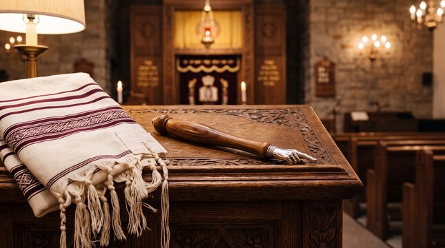 Tallit prayer shawl and silver yad pointer resting on a carved wooden bimah inside a traditional synagogue