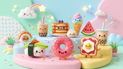 Fototapeta premium A colorful and whimsical scene featuring a variety of cute, kawaii-style food items, including sushi, boba tea, 