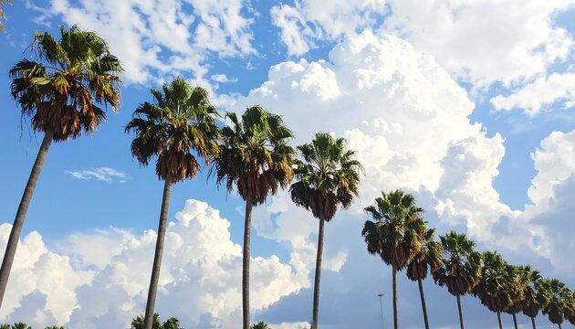 A line of tall trees topped with green fronds, reaching towards a bright blue sky filled with fluffy white clouds