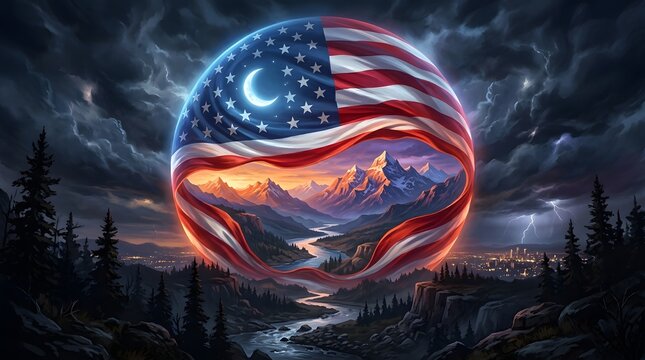 Labor day usa american flag mountain landscape stormy night