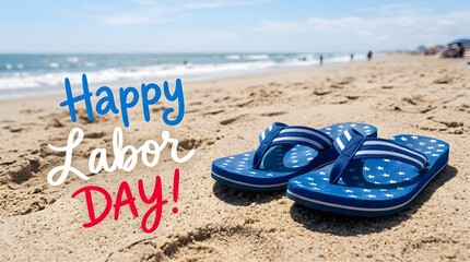 Labor day beach scene flip flops and ocean waves for holiday celebration