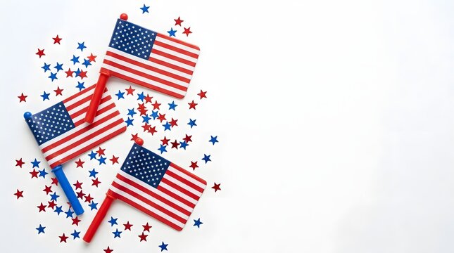 Labor day celebration american flags and star confetti on white background