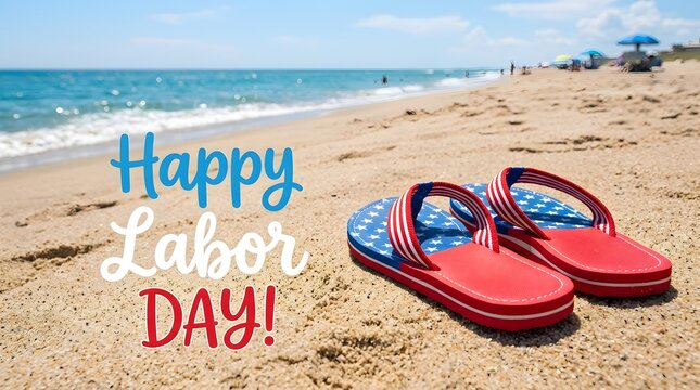 Labor day beach scene patriotic flip flops and summer ocean waves