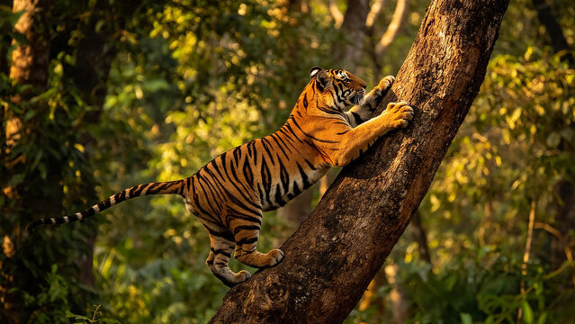 Majestic Bengal tiger climbing a tree trunk in the wild forest during golden hour sunset light.
