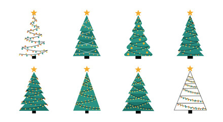 Obraz premium Set of diverse stylized Christmas tree illustrations with various shapes, colors, and festive lights for holiday season designs.