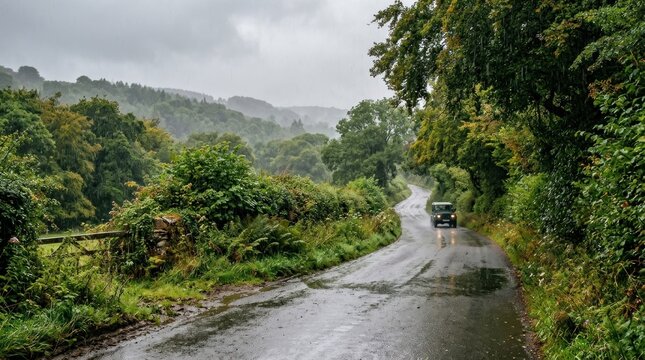 A vintage Land Rover drives down a wet, rural road lined with lush green trees and dense underbrush, with a cloudy sky overhead and a distant mountain range in the background.