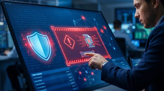 Cyber Security Expert Analyzing Digital Shield Interface on Futuristic Screen