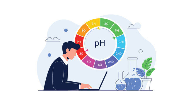 Professional researcher or student analyzing water quality or chemical data using a laptop with a circular pH scale graphic.