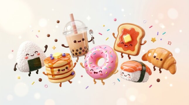 A cheerful collection of cute, cartoon-style food items, including pancakes,