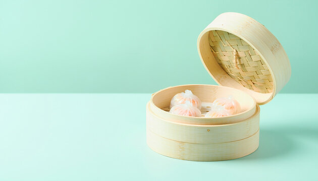 Single bamboo steamer filled with fresh transparent Har Gow shrimp dumplings.