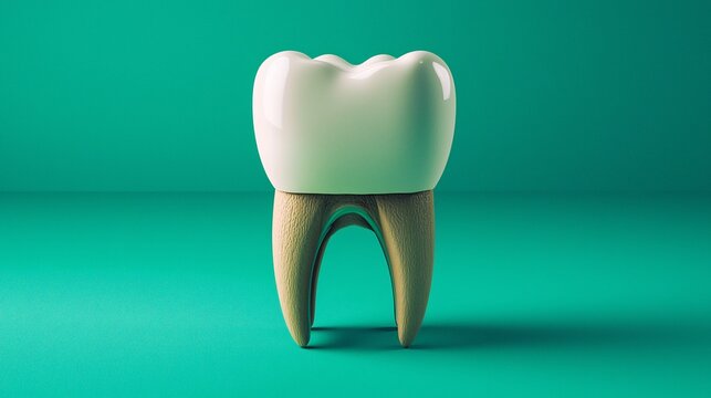 Isolated 3D render of a human molar tooth showing the white crown and natural root structure on a teal background