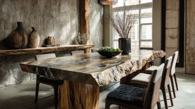 Rustic wooden dining table and chairs in modern interior