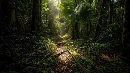 Naklejka premium Sunlit forest path winding through lush green jungle foliage