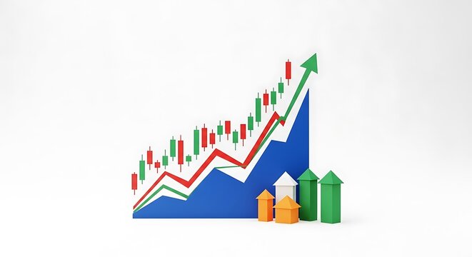 Financial bar chart with candlesticks and upward trend candlestick business investment analysis performance planning corporate development strategy earnings statistics
