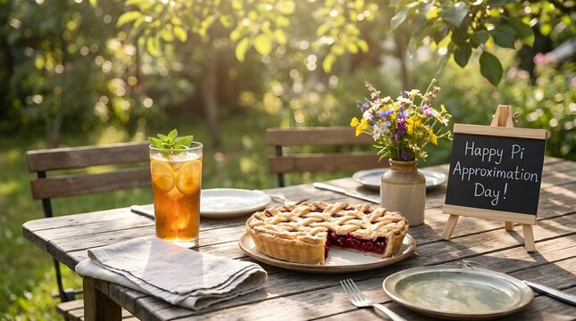 Outdoor Table Setting with Iced Tea and Pie for Pi Approximation Day