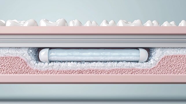 3D render of a dental implant or surgical device placed within a cross section of the jawbone and gum tissue