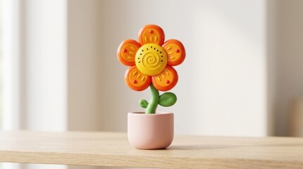 Fototapeta premium A colorful, plastic toy flower with an orange and red body, green stem, and green leaves, placed on a wooden table with a blurred background.