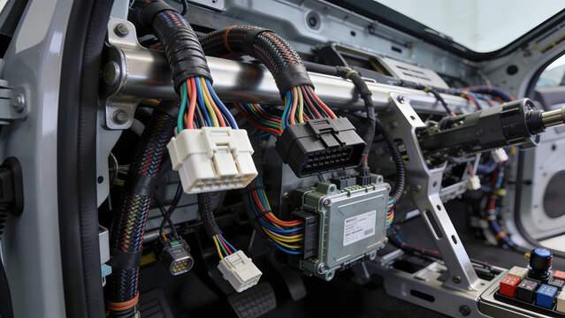 Modern Automotive Electronics and Wiring Harness Inside Car