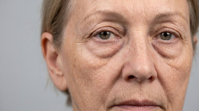 Front portrait of senior woman face with mature skin wrinkles, eye bags, hyperpigmentation and aging signs.