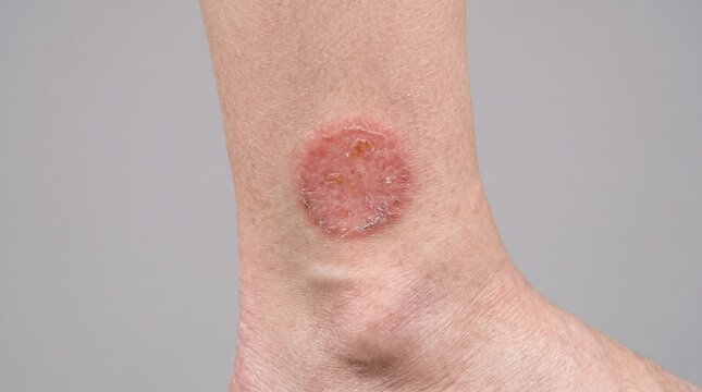Circular nummular eczema patch on lower leg skin near ankle, discoid dermatitis lesion with redness and scaling.