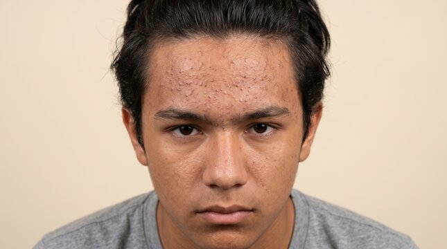 Front portrait of teenage boy with severe acne vulgaris on forehead, pustules and papules breakout on face.