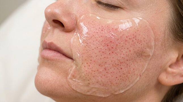 Closed eye woman undergoing microneedling treatment with clear conductive gel mask on red pinprick cheek skin.