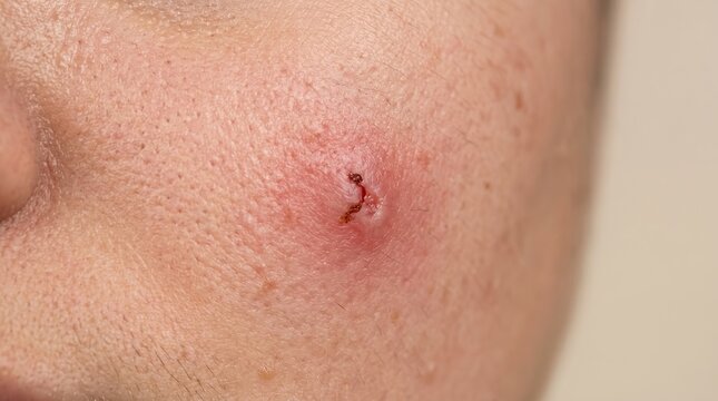 Close up view of a ruptured acne pimple on cheek with scabbing crust and post inflammatory erythema.