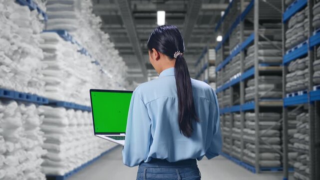 Back View Of Asian Female at Warehouse storage with stacked white sacks, Typing On Laptop'S Keyboard With Green Screen And Look
