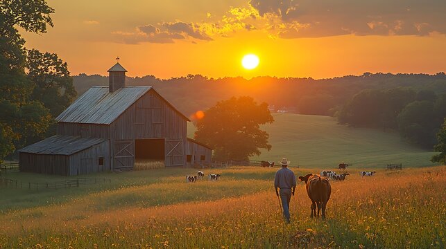 Farmer walks through a grassy field with cows near a barn during a golden sunset