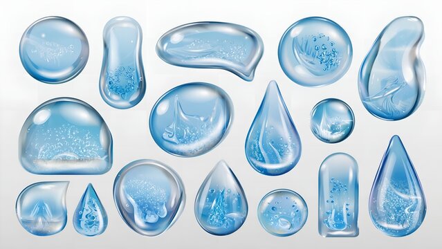 Detailed graphic resource sets of aqua water droplets with realistic transparency smooth blue gradients ultra sharp edges and perfectly symmetrical shapes isolated on a pure white canvas graphics