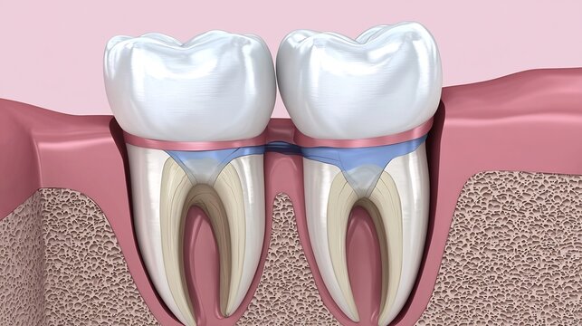 3D render of two teeth in cross section highlighting the periodontal ligament and attachment to the jawbone