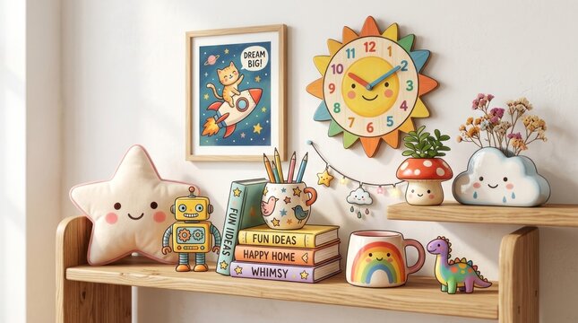 A colorful children's room with a wooden shelf, a sun clock, a star pillow, a robot plush, and various toys and books.
