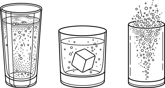 Refreshing Drinks Line Art Vector Set with Sparkling Water Glass, Whiskey with Ice Cube, and Fizzy Effervescent Carbonated Soda Tumbler