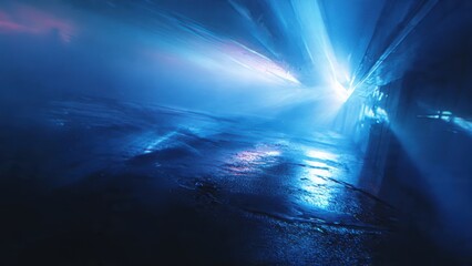 Fototapeta premium Futuristic neon tunnel with moody blue light and reflections