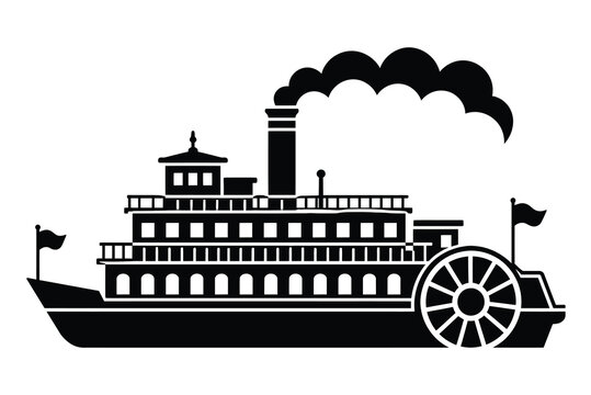 Graphic silhouette of a classic paddle wheel steamboat icon with steamboat paddleboat riverboat steamship transportation nautical silhouette transport steampunk navigation