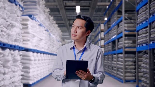 Asian Male Professional Worker Standing With His Tablet at Warehouse Storage with Stacked White Sacks, He Observes By Looking Around Before He Come To Concentrating With His Tablet
