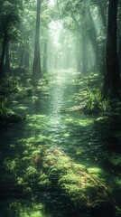 Obraz premium Sunlight Piercing Through Dense Green Forest Canopy Over Mossy River Water