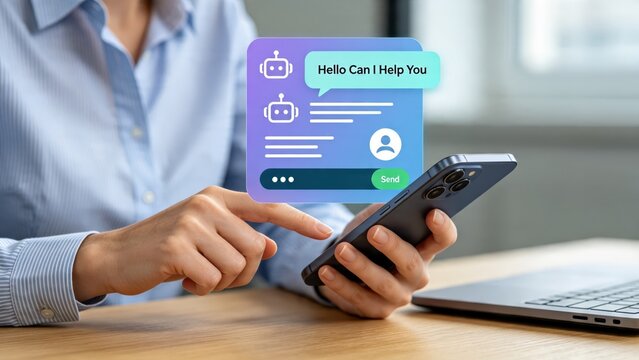 Close up of woman hand using smartphone with virtual chatbot interface floating above screen showing artificial intelligence customer support conversation