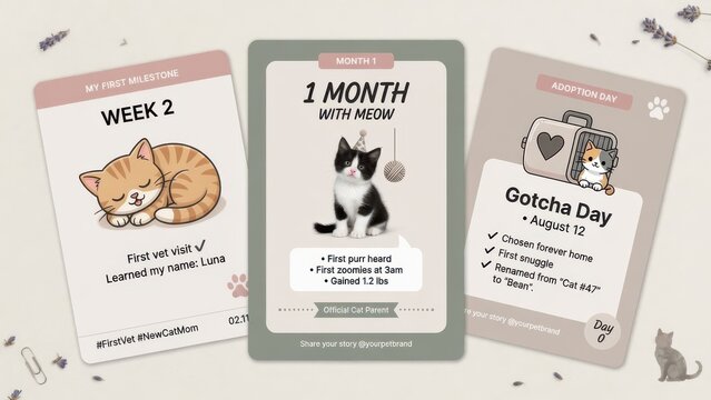 Three decorative feline milestone cards display important growth stages including adoption day and early health checkups for new pet parents wanting to capture precious memories of their furry fr