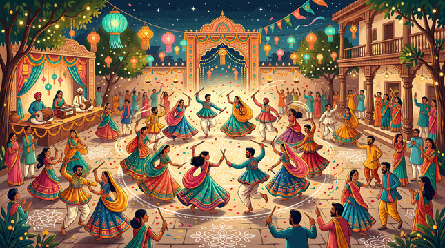 Traditional Indian Garba Dance Celebration During Navratri Festival Night with Colorful Costumes and Lanterns.