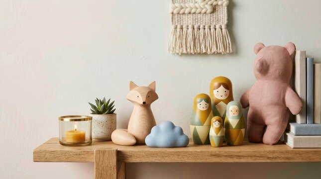 A wooden fox, bear, and doll set on a wooden shelf with a candle and succulent plant, against a white wall with a macrame hanging.