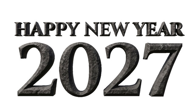 Happy New Year 2027 artwork featuring chiseled stone texture lettering in a monumental 3D style for seasonal celebration greeting cards and holiday posters. isolated on a white background