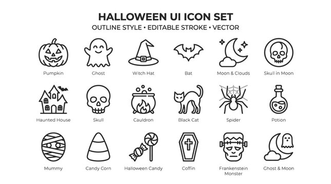 Halloween icons set with pumpkin, ghost, witch hat, spider, and candy corn